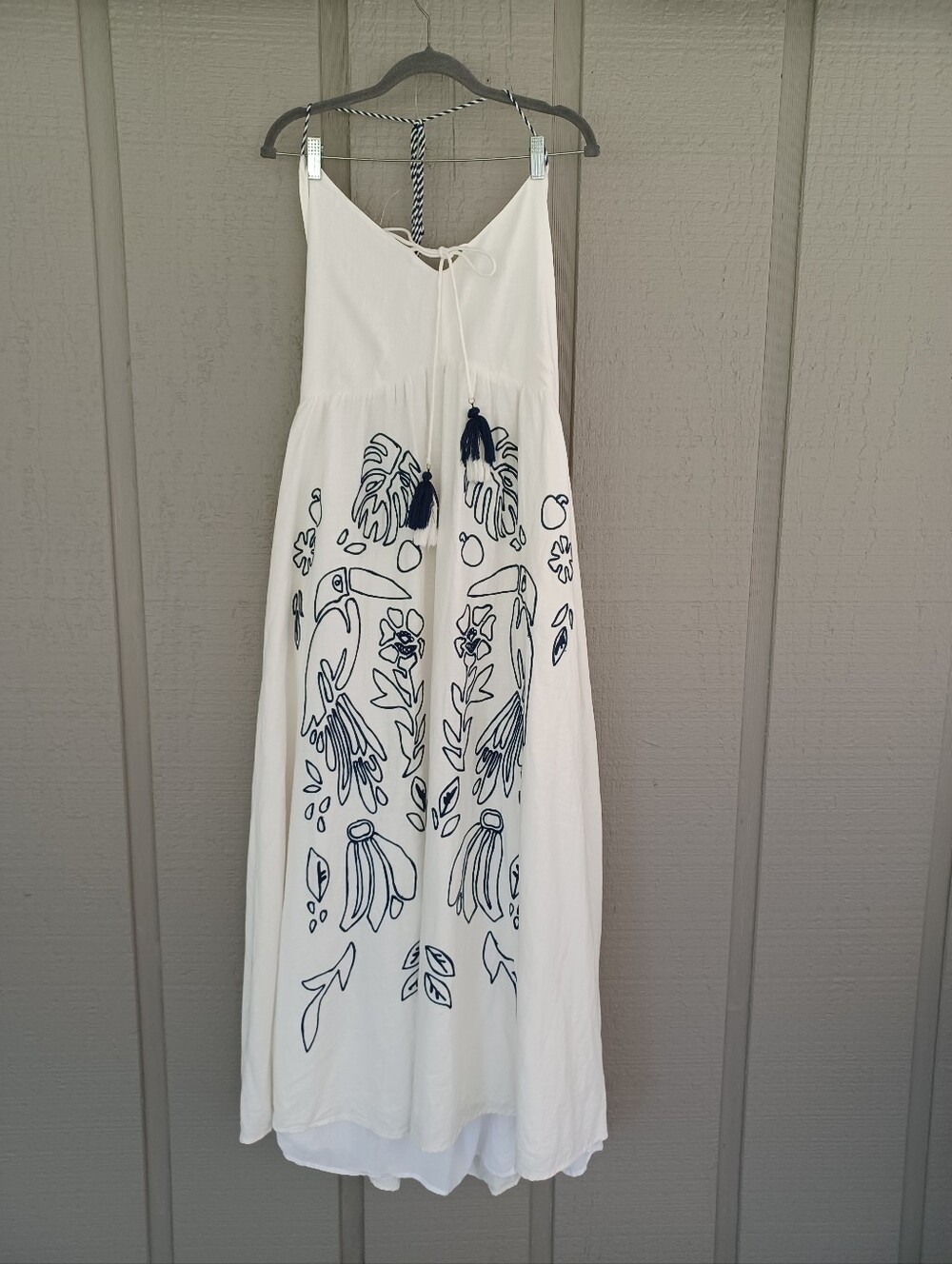 Farm Rio Embroidered Halter Maxi Dress Size XL Linen Blend Tassel Open Back Wome - Picture 2 of 16